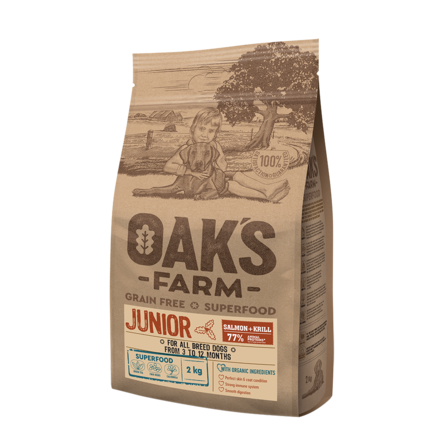 Oaks Farm Grain Free Junior All Breeds Беззерновой сухой корм для щенков всех пород от 3 до 12 мес., (лосось и криль) – интернет-магазин Ле’Муррр